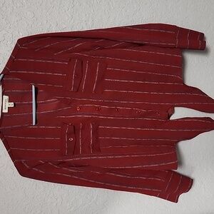 Red button up striped blouse